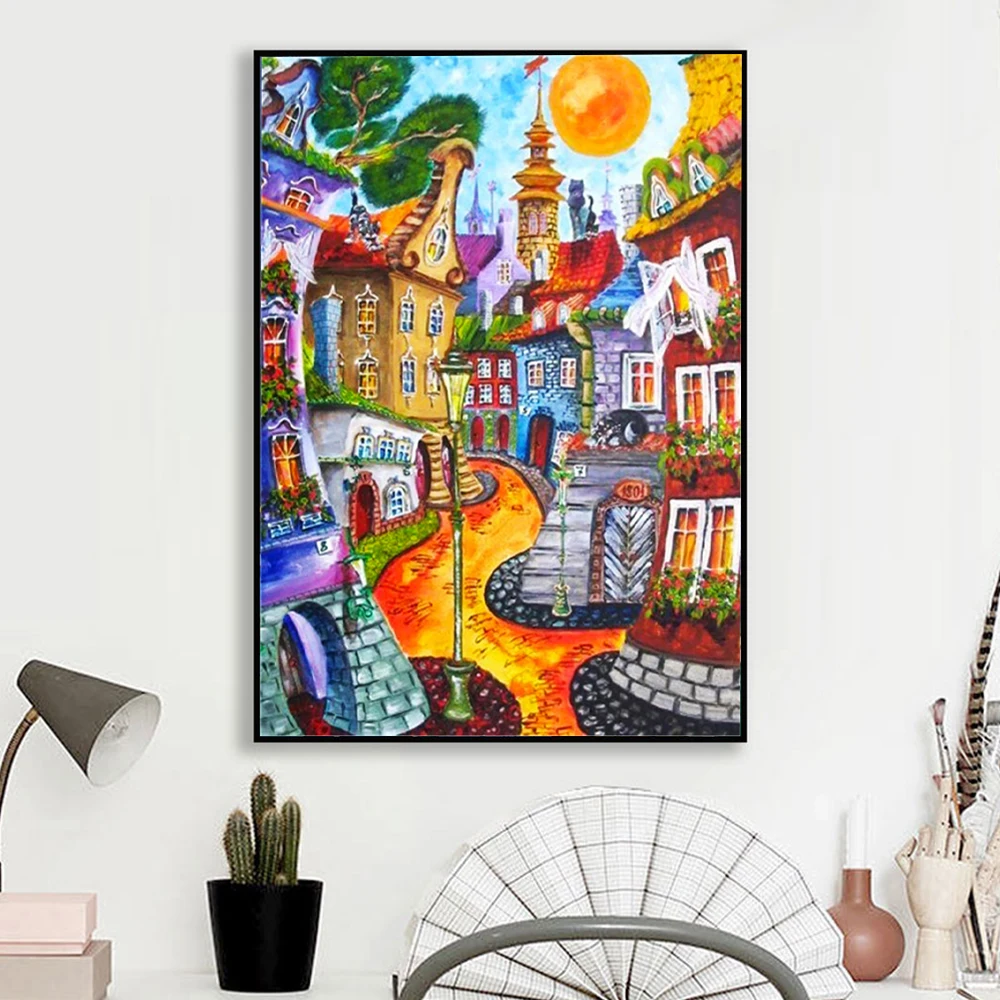 Meian 11/14CT Malarstwo do haftu Domy z kreskówek Zestawy do haftu krzyżykowego DMC Płótno z nadrukiem DIY Scenic Arts Handmade Home Decoration