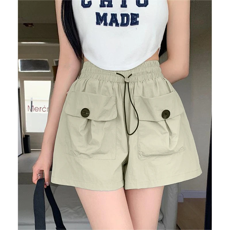 Shorts casuais de cintura alta feminina, monocromático, bolso grande, estilo universitário, moda