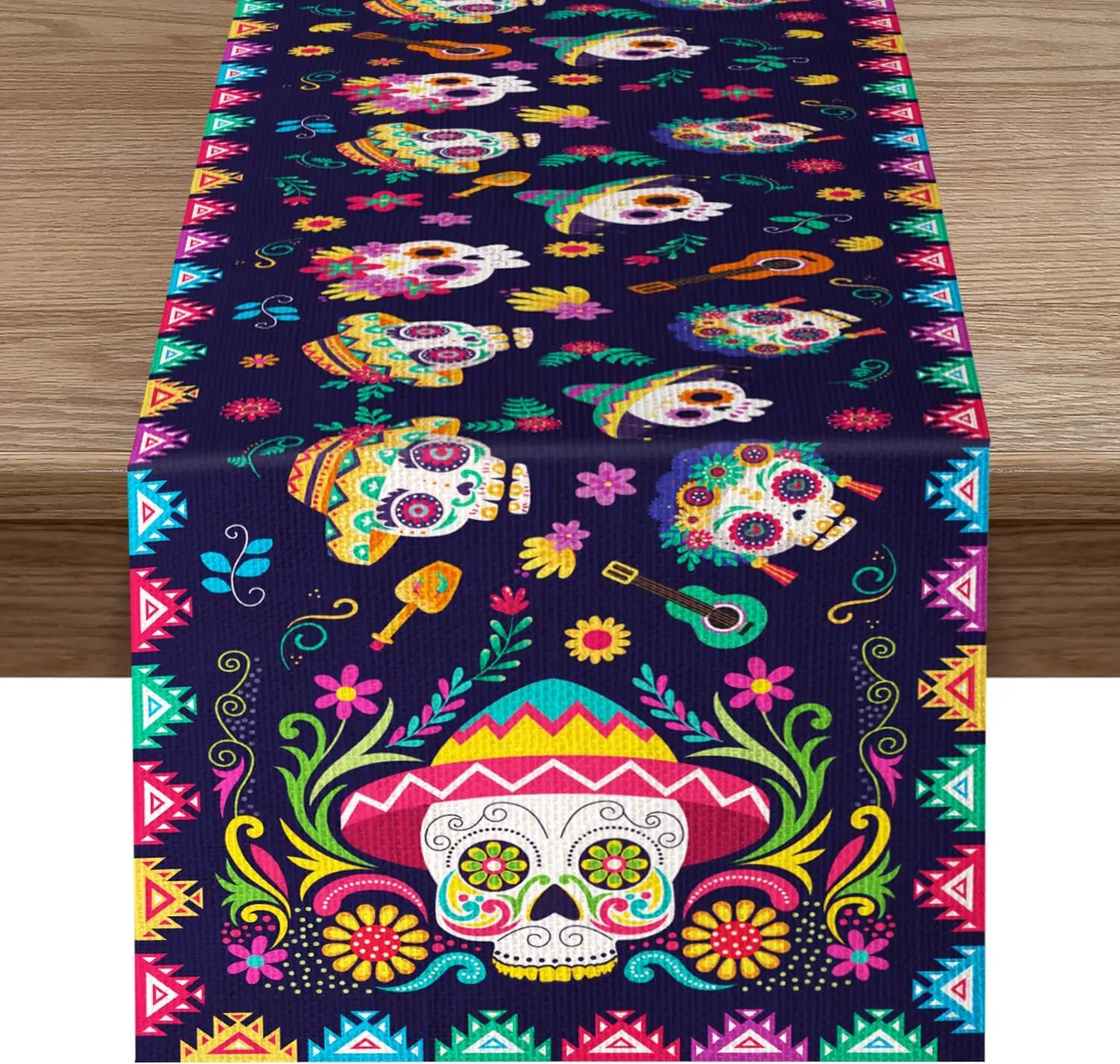 Mexican Day of The Dead Marigolds Skull Linen Table Runner Party Decor Reusable Kitchen Dining Table Runner Mexican Fiesta Decor