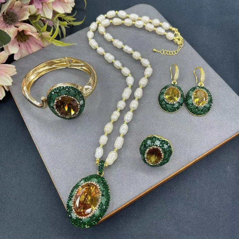 

Set green jade inlay zircon white pearl pendant necklace bracelet earrings Ring for woman's jewelry nature