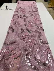 Latest African Sequins Lace Fabric for Women, Groom Embroidery, Wedding Party Dress, Mesh Fabrics, High Quality,5 Yards