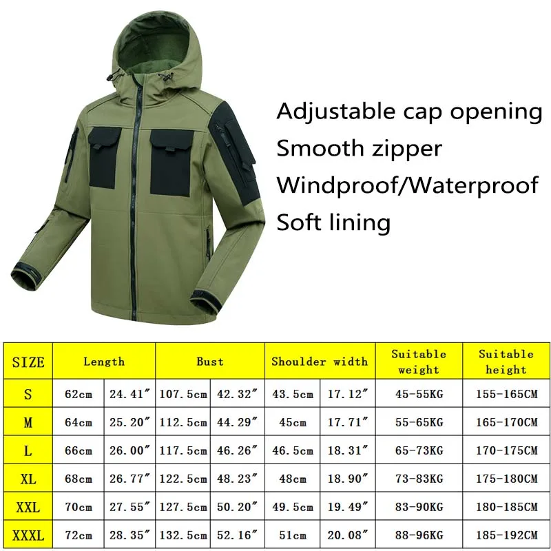 Softshell Jacekt Men Hooded Jacket Waterproof Combat Jackets Wear resistant Tactical Coat Pockets Windbreaker