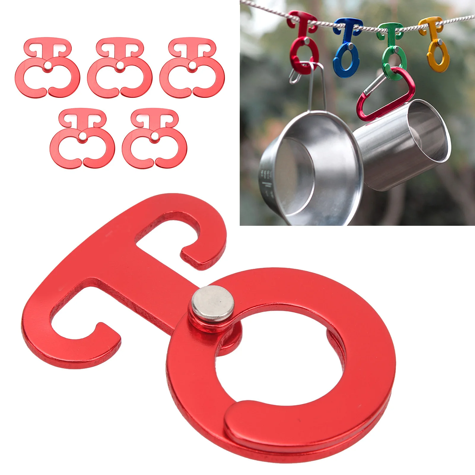 5PCS T Ring Hooks Camping Rope Buckle Aluminium Alloy Ultralight Strong Self Lock Camping Accessory For Outdoor Tent