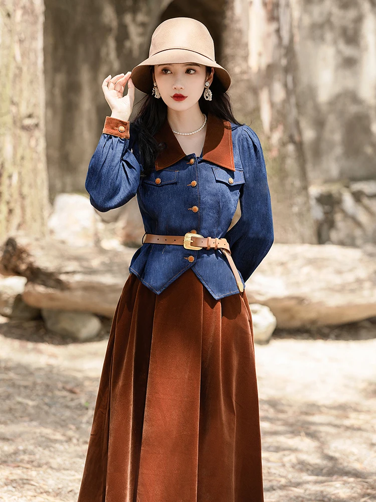 Vintage Fashion Two Piece Skirt Set Women Spring Autumn Long Sleeve Denim Jacket and Long Velvet Skirts Korean Outfits