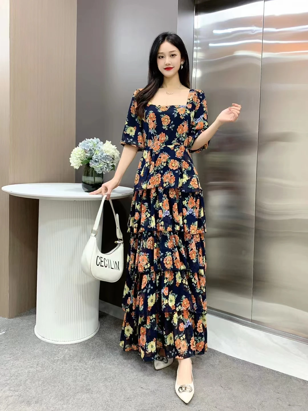 New Spring Summer Women Square Collar Puff Half Sleeve Slim Long Dress Korean Sweet Multi-layer Cake Hem Floral Chiffon Dress