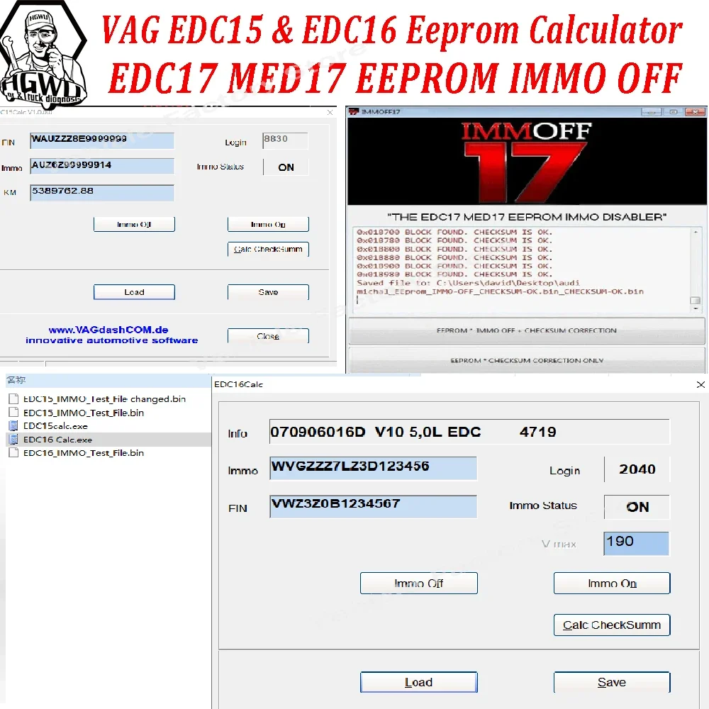 Software 3 in 1 VAG EDC15 & EDC16 Eeprom Calculator / Immo / Vin / Mileage / Pin and EDC17 MED17 IMMO Off in Eeprom or Flash