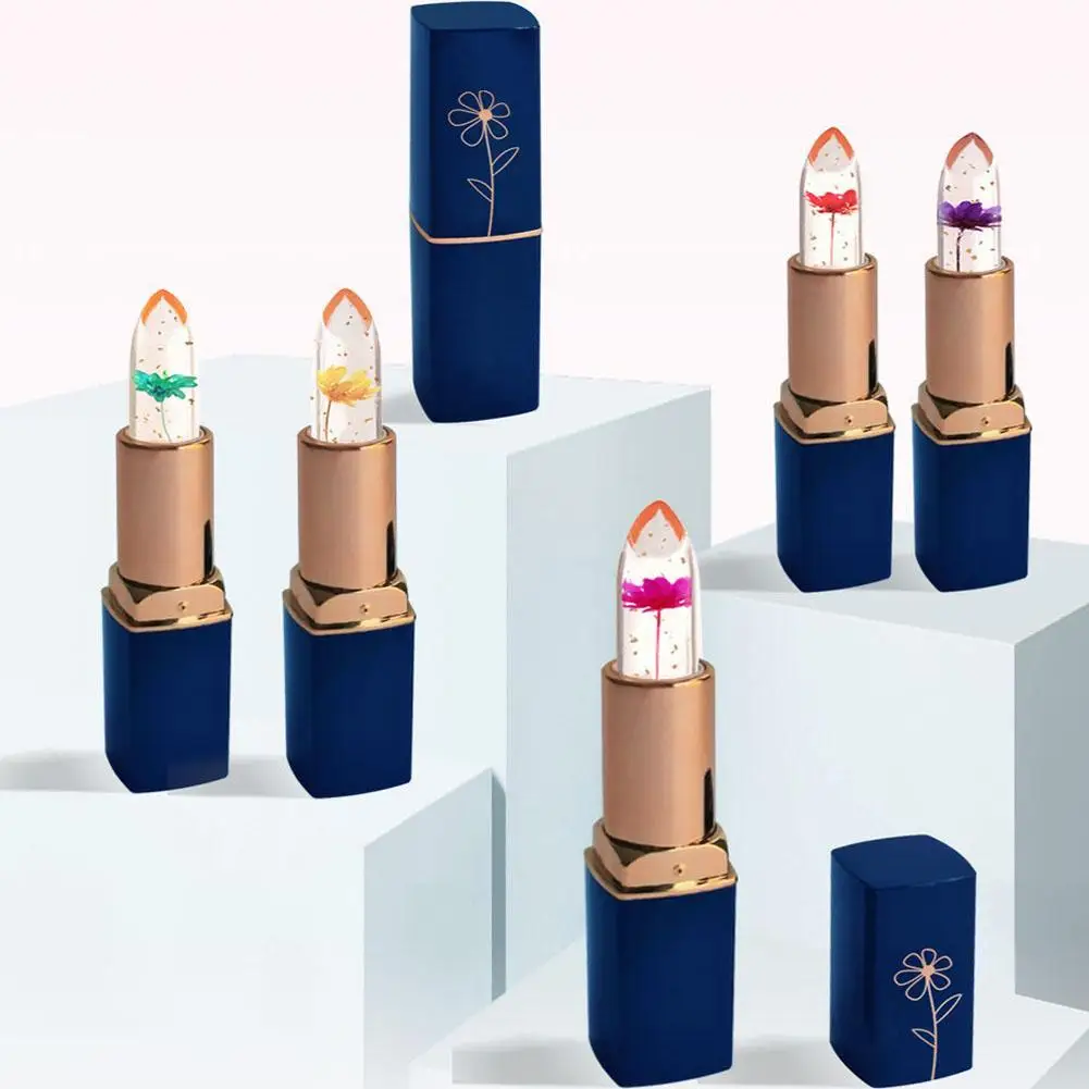 Crystal Jelly Lipstick With Gold & Flower, Color Changing & Moisturizing Lip Balm In Deep Blue Tube For Women