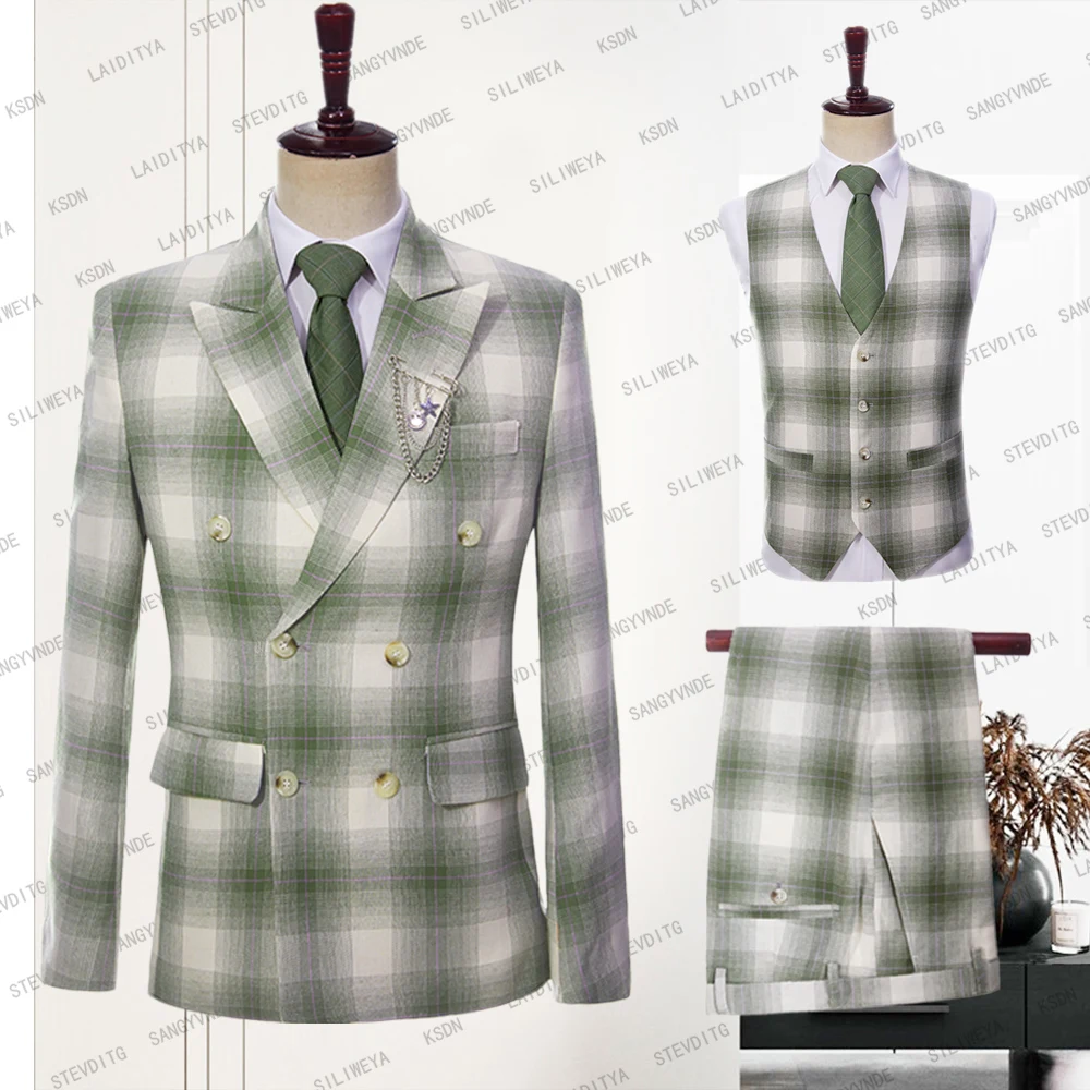 

2023 New Customized Men's Linen Set Green and White Vintage Plaid Slim Fit Popular Wedding Bridegroom Tailcoat 3 Pcs Set