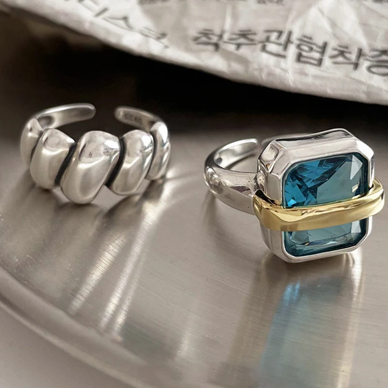 925 Sterling Silver Blue Zircons Pierścionki zaręczynowe dla kobiet Pary Vintage Ręcznie robione nieregularne geometryczne prezenty na imprezę Biżuteria