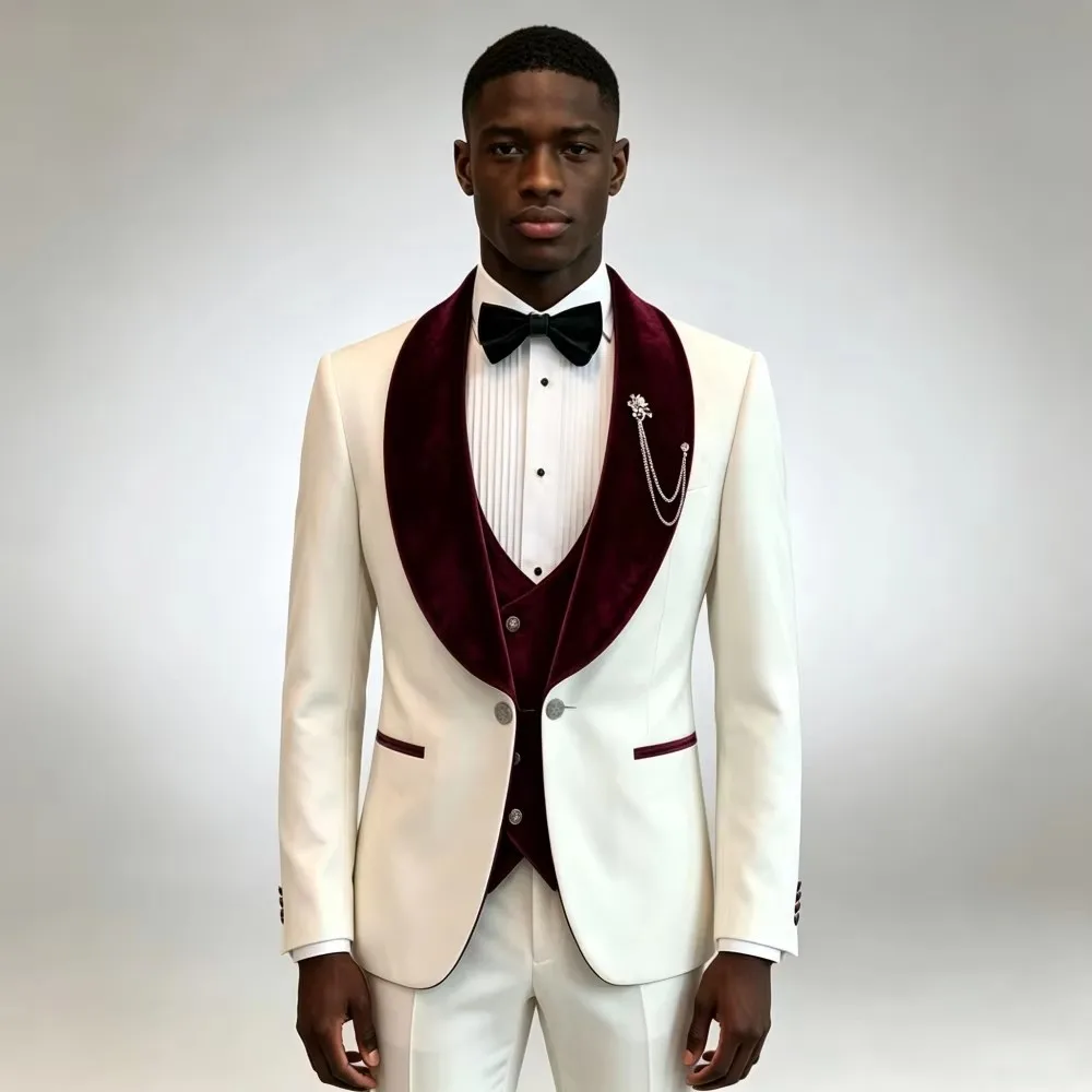 Formal Slim Fit Men Suits 3 Piece Groom Tuxedos Shawl Lapel Single Breasted Blazer Vest Pants Sets Party Prom Men Clothing