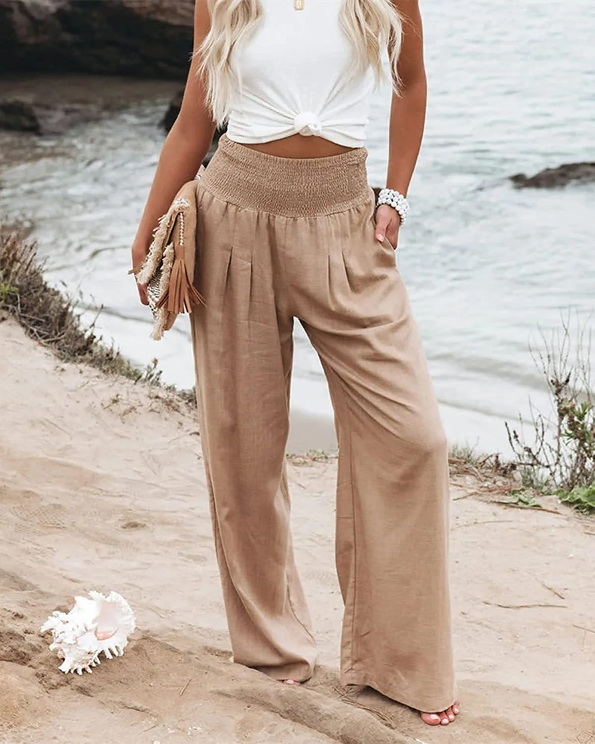 Spring and summer hot selling women\'s clothing new cotton and linen woven wide-leg casual pants beach wide-leg pants for wom