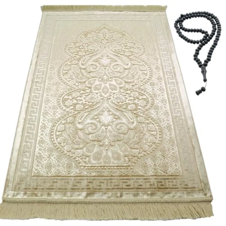

Luxury Velvet Prayer Rug with Prayer Beads Soft Elegant Muslim Turkish Janamaz Sajada Carpet for Men and Women Plain Solid Pray