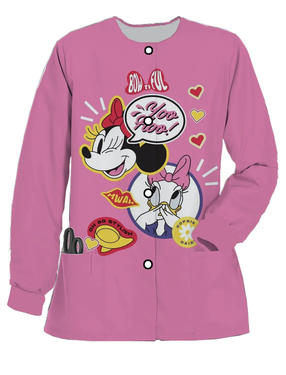 2024 nieuwe vrouwen lange mouwen frosted verpleegster uniform Disney Mickey Minnie print arts werk uniform casual vest jas