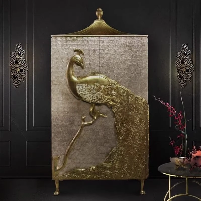 ^French New Classical American Peacock Carved Shell European Style Double Door Wardrobe Customizable Living Master Bedroom MDF