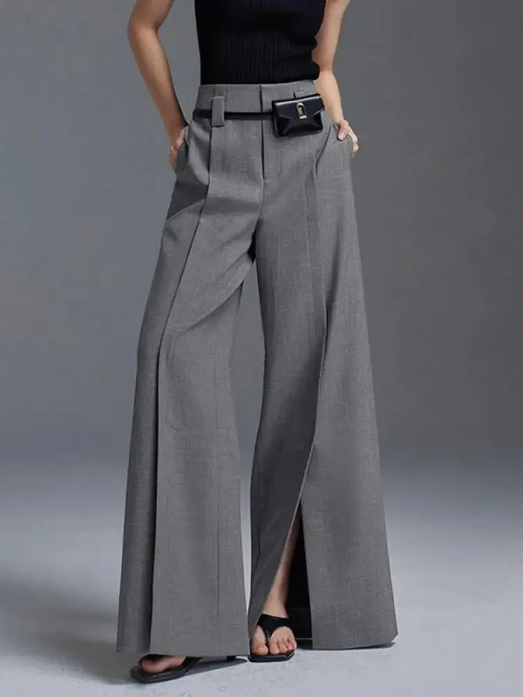 Krisnana Spring Casual Loose High Waisted Grey Trousers Korean Fashion Split-Front Pleated Wide Leg Pants For Office Lady