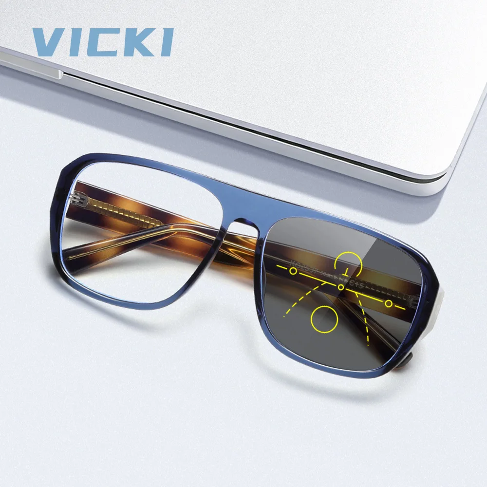 VICKI Aviator-Style Retro Color Block Blue Frames Unisex Customizable Prescription, Multifocal Glasses, Photochromic KG2537