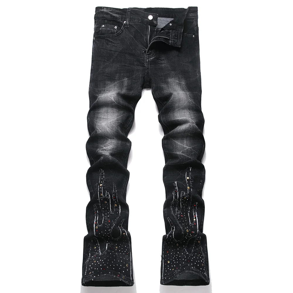 

Men Crystal Rivet Stretch Denim Jeans Streetwear Flame Flared Pants Black Slim Boot Cut Trousers