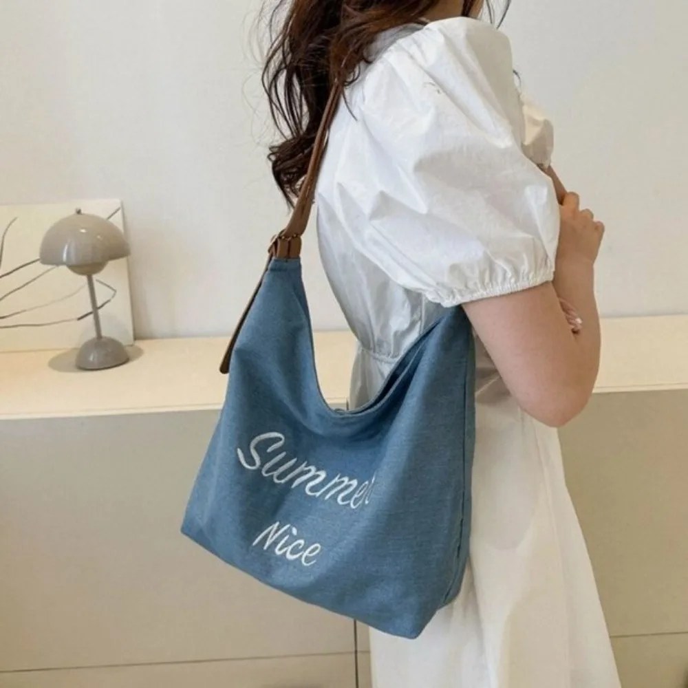 

High-capacity Shoulder Bag Fashion Denim Contrasting Print Shopping Bag Korean Style Tote Bag