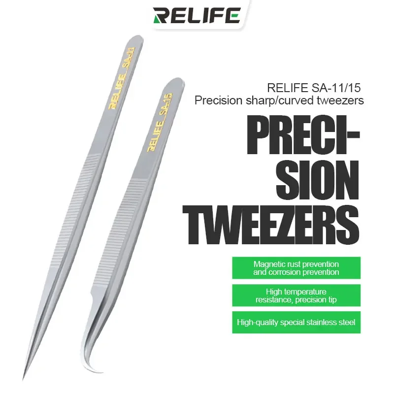 

RELIFE SA-11 SA-15 Precision Repair Tweezers High Temperature Resistance Anti-magnetic Adsorption Straight/Sharp Curved Tweezers