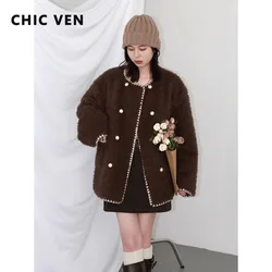 CHIC VEN Women Jacket Loose Single Breasted New Contrast Embroidered Plush Coats Warm Female Overcoat Quilted Autumn Winter 2023