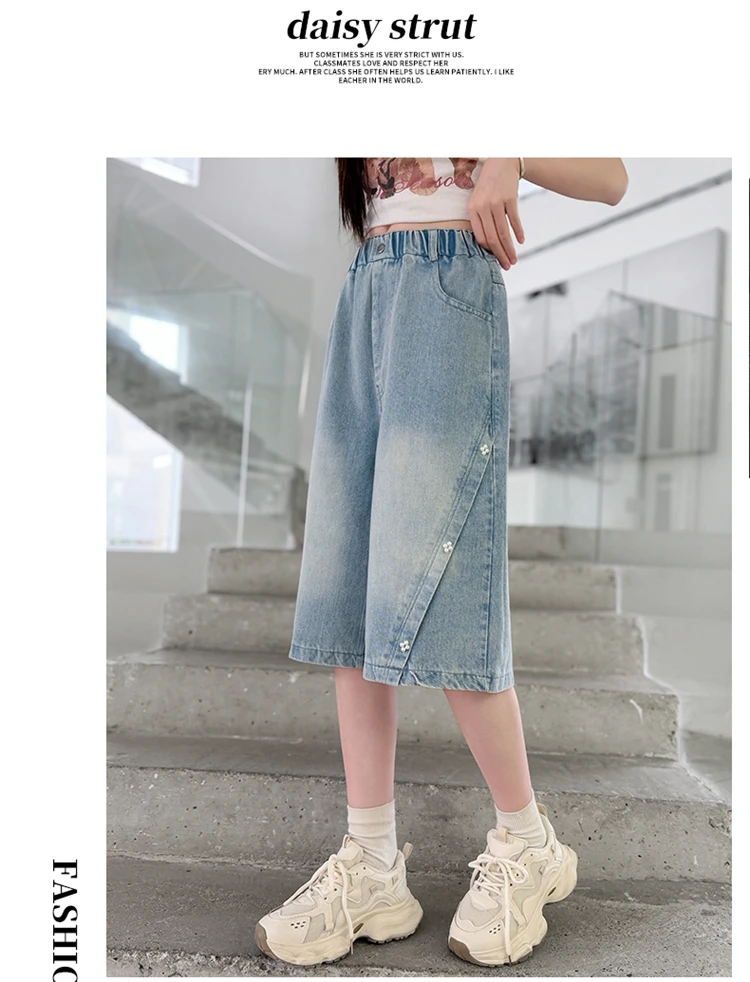Sommerliche Mädchen-Mode-Jeans-Shorts mit Perlen für Kinder, lässige knielange Jeanshosen, elegante blaue Jeans für junge Mädchen, Sonderangebote. – Detail 8