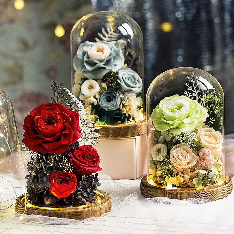 Eternal Flowers Preserved Rose In Glass Dome Cover Artificial Flower with Light Valentine's Day Christmas for Women Gift Box