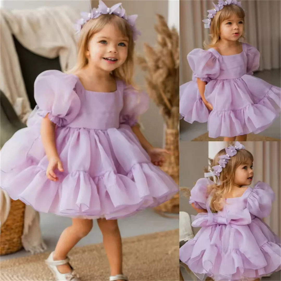

Lovely Lavender Flower Girl Dress Puff Sleeves Satin Fluffy Little Baby Girls Princess Birthday Party Ball Evening Gowns