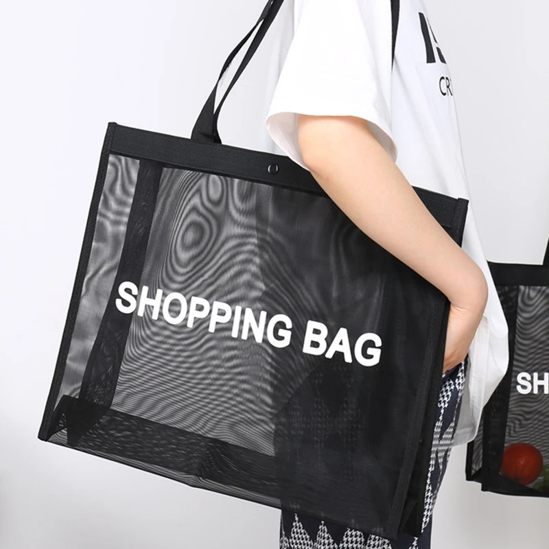 1pc Simple Letters Black Shopping Tote Net Bag Multi-functional Shoulder Bag For Beach Vacation Wash Storage