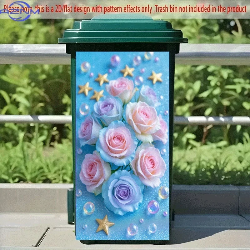 PC 2D Flat Self-Adhesive Trash Can Sticker, Dreamy Blue and Pink Rose Appointment Decorative Sticker, Creative Trash Can Decor