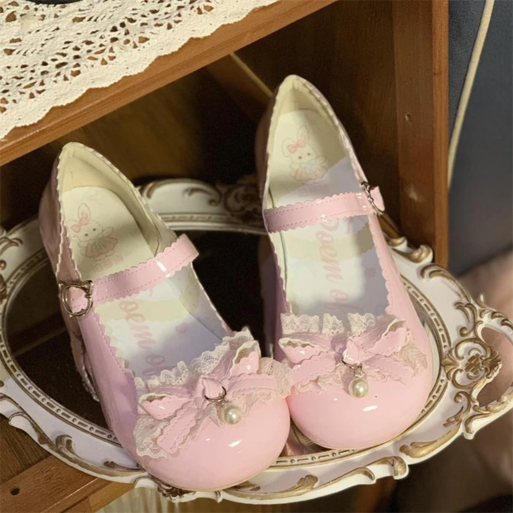 

Lolita Shoes Low Heel Summer Heels Sweet Lace Pearl Round Head Platform Mary Jane Shoes Women Casual Flats Pumps Japanese