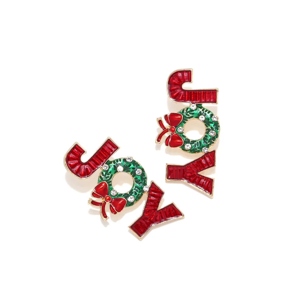 Cute alloy drip oil with diamonds Christmas bow earrings New oiled Christmas JOY letter earrings