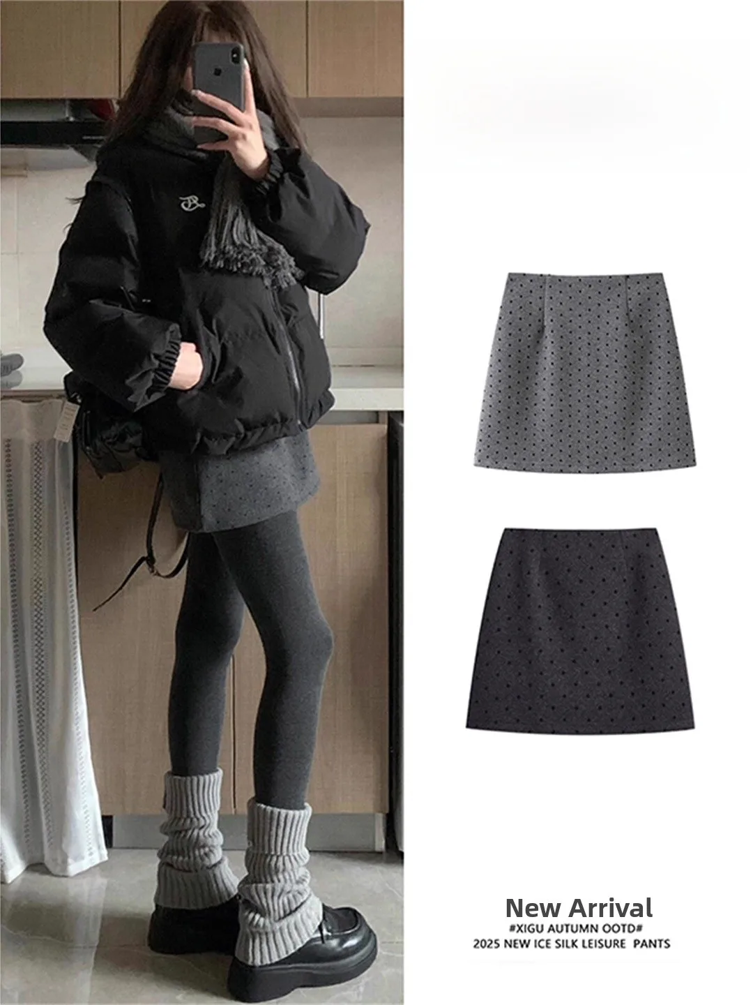 

Polka Dot High Waist A-Line Skirt Women's Slim Fit Wool Blend Faionable Autumn Winter ort Skirt Trendy Ins Sle