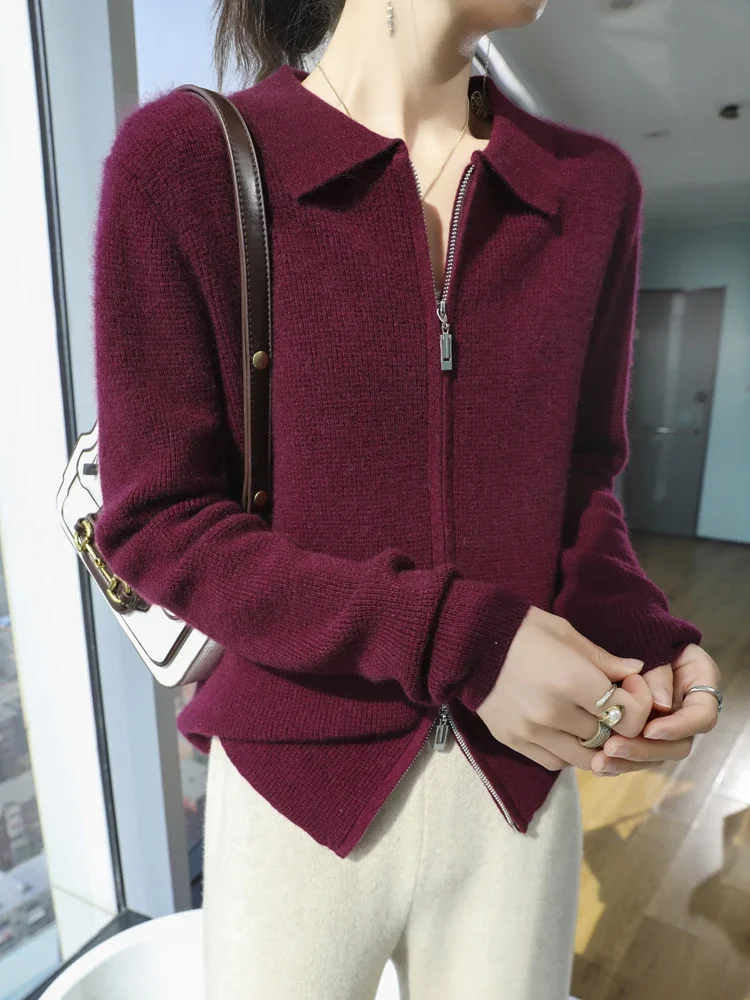 Casual Sweater 70% Merino Wool and 30% Goat Cashmre Autumn Winter Women Zipper Cashmere Cardigan POLO Collar Knitwear Female