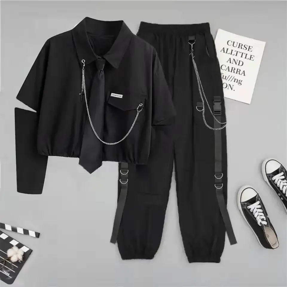 2 Two Piece Sets Outifits For Women New Suit Female Student Korean Loose Long Sleeve Shirt + High Waist Cargo Pants Joggers