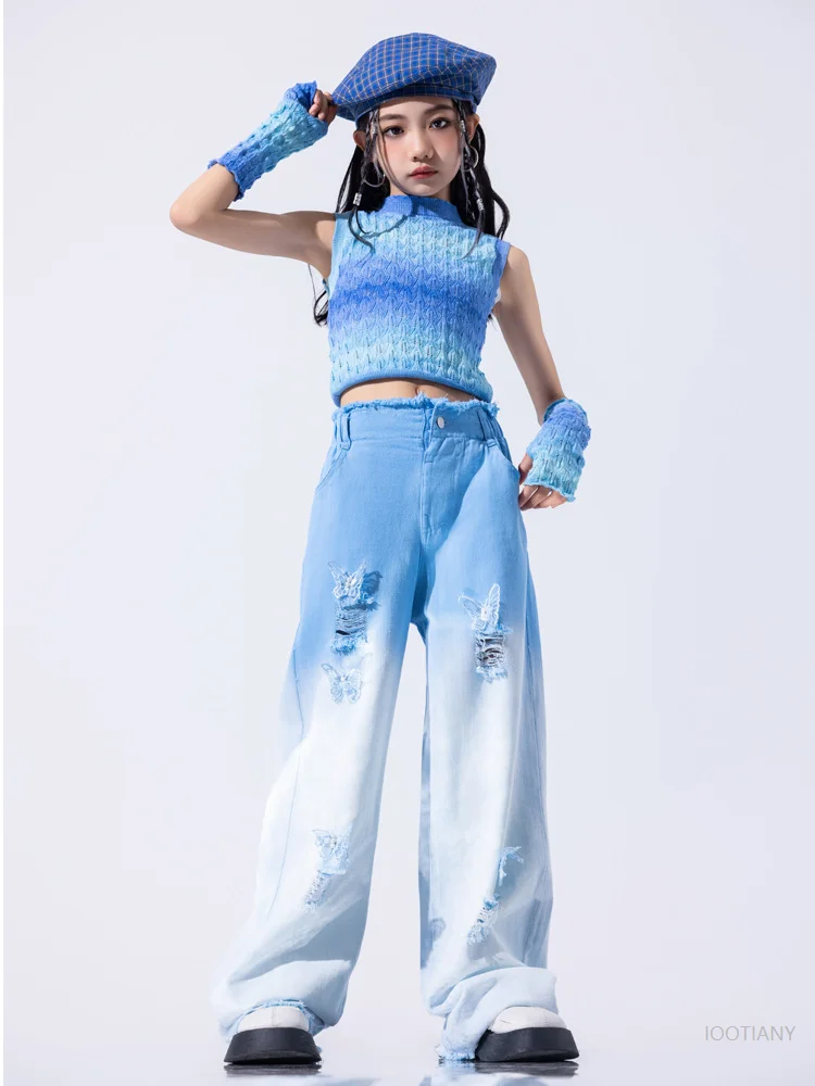 Girls Hip Hop Gradient Butterfly Short Top Hoodie Overalls Children's Street Dance Costume Set Children's Jazz Dance Costume