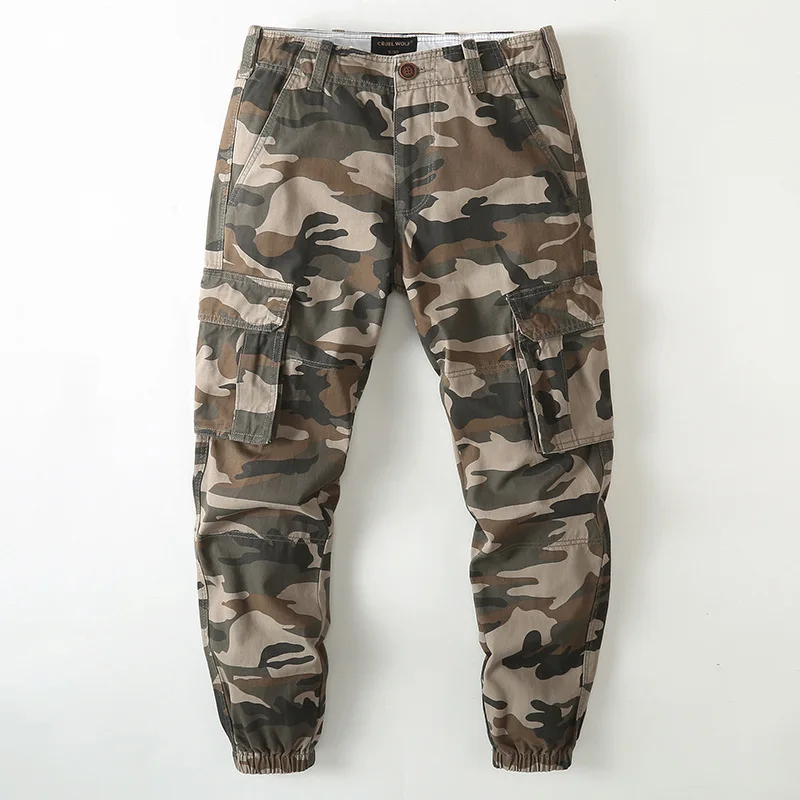 Vintage Paratrooper Pants Spring And Autumn Made Camouflage Multi-pocket Loose Casual Conical Elastic Waist Cargo Pants Men