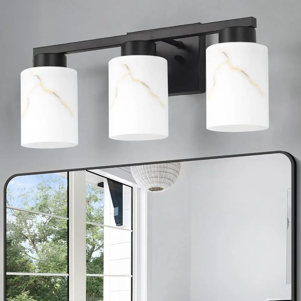 

3-Light Bathroom Light Fixtures, Modern Vanity Lights, Bla Metal Wall Lamp With Handcrafted Art Glass For Bathroom, Mirror,