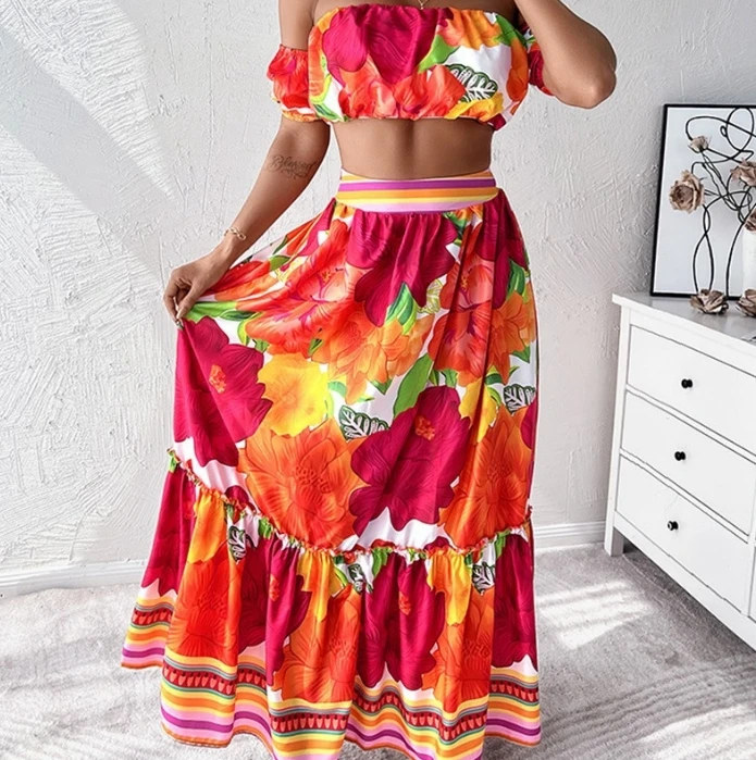 

New Fashion 2024 Summer Casual Sexy Colored Floral Print Short Top and Skirt Set Womens Two Piece Sets Outfit