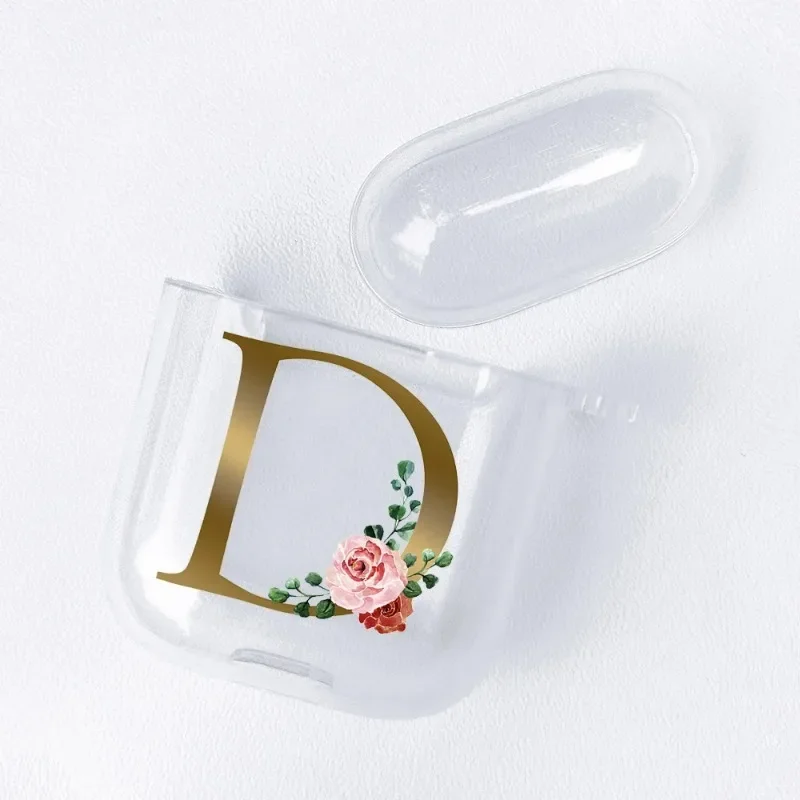 Casing Earphone bening huruf alfabet emas mawar, untuk Apple AirPods 4 3rd 2 Pro2 penutup transparan untuk Airpod 1 3 pelindung Fundas