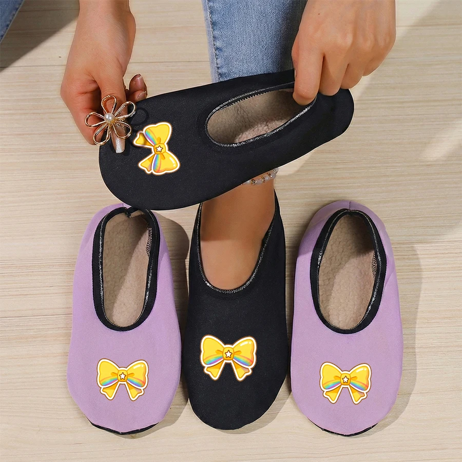 

Four season wearable women's Christmas cute bow print suede breathable high elasticity indoor anti slip floor slippers