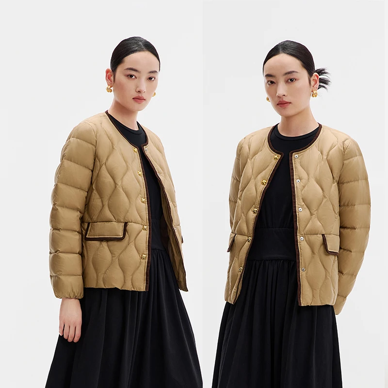 Chericom Women's Minimalist Collarless Down Jacket Lightweight Warm Duck Down Commuter Short Fit Puffer Coat Y309037Y