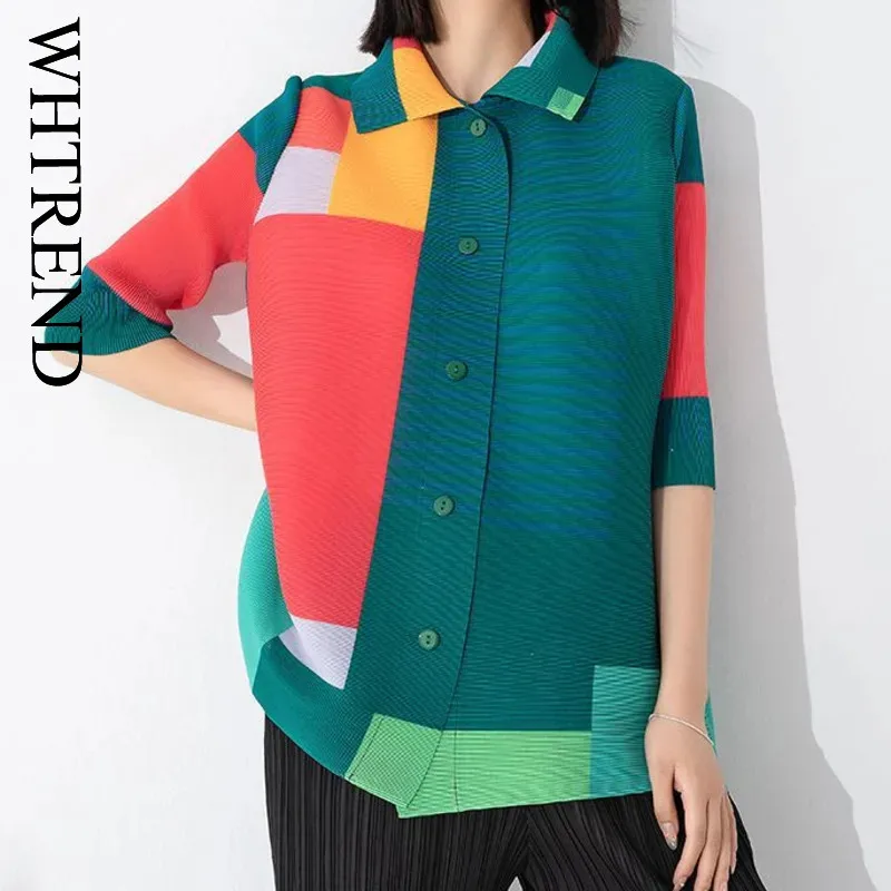 

WHTREND женские плиссированные рубашки повседневные свободные цветные принты с отложным воротником однобортная рубашка с рукавами три четверти WH1238