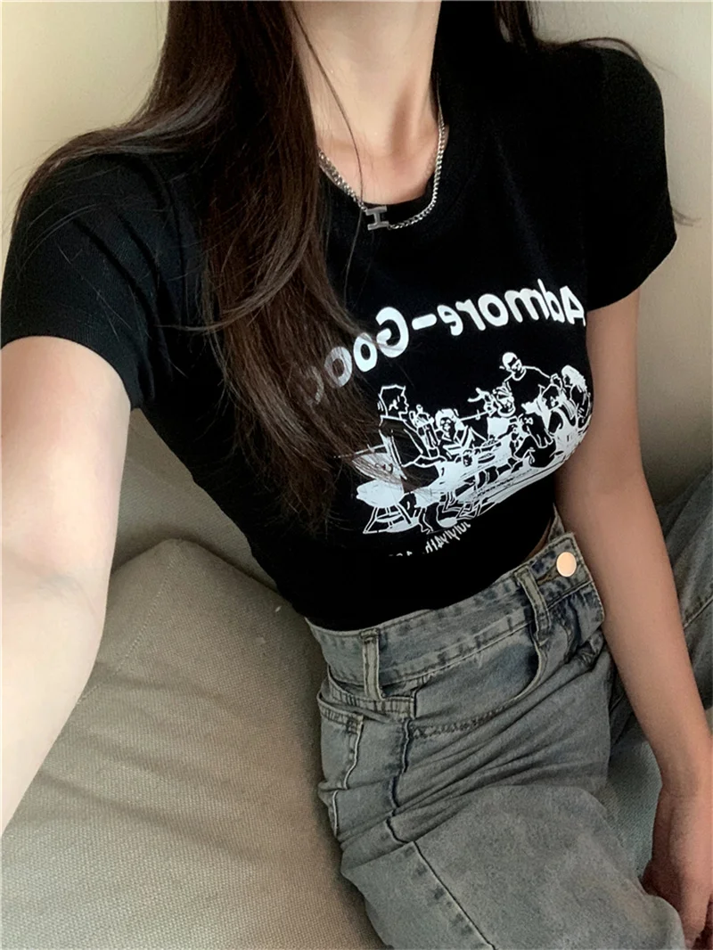 Women's ort Sve ort Print T-irt round Ne Slim Fit Versatile Sexy Belly Button Exposure Korean Sle Commute Trend