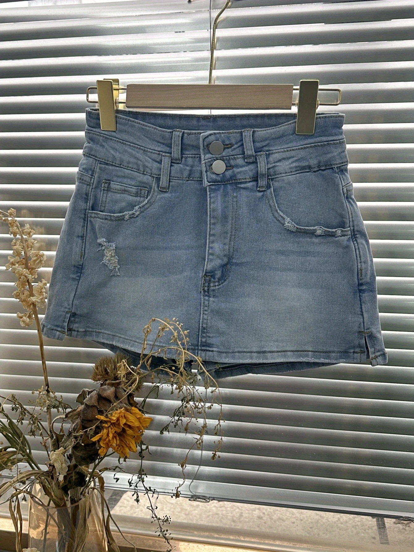 

Summer Denim Culottes - High Waist Ripped Look with Concealed Button and Zipper Closure