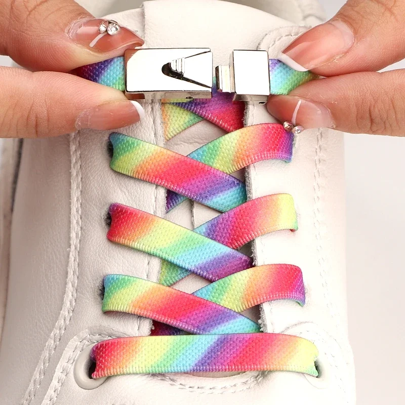 

Rainbow Flat Shoelaces Without Ties Elastic Shoe Laces for Sneakers Spring Pressed Metal Lock Casual Lazy Shoes Lace Accessories