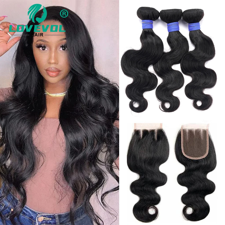 Body Wave Bundles with Closure 3 Bundles Human Hair With 4x4 Swiss Lace Closure 100% Unprocessed Brazilian Virgin Hair