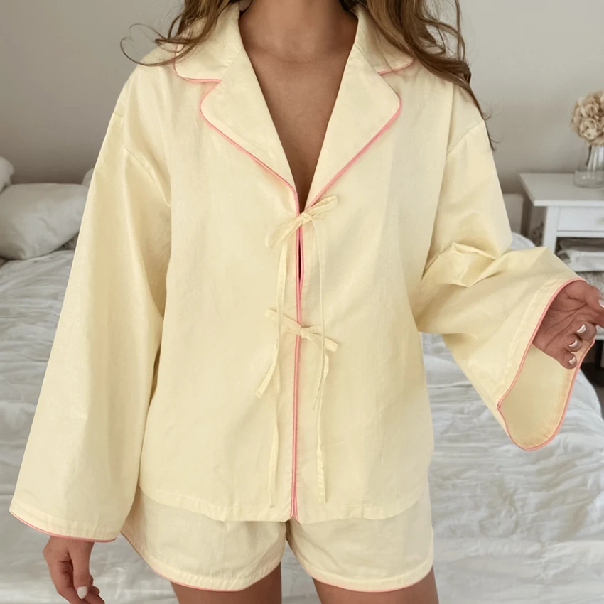 HiLoc Apricot Casual Woven Inelastic Women'S Pajamas Two-Piece Long Sleeve Lapel Lace-Up Placket Top Elastic Waist Shorts 2026