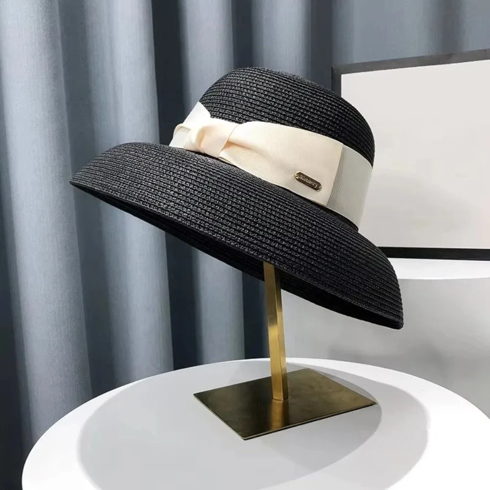 Retro Summer Women Straw Hat UV Resistant Wide Brim Beach Sun Hat Hepburn Style Face Covering Sun Hat For Beach Vacation