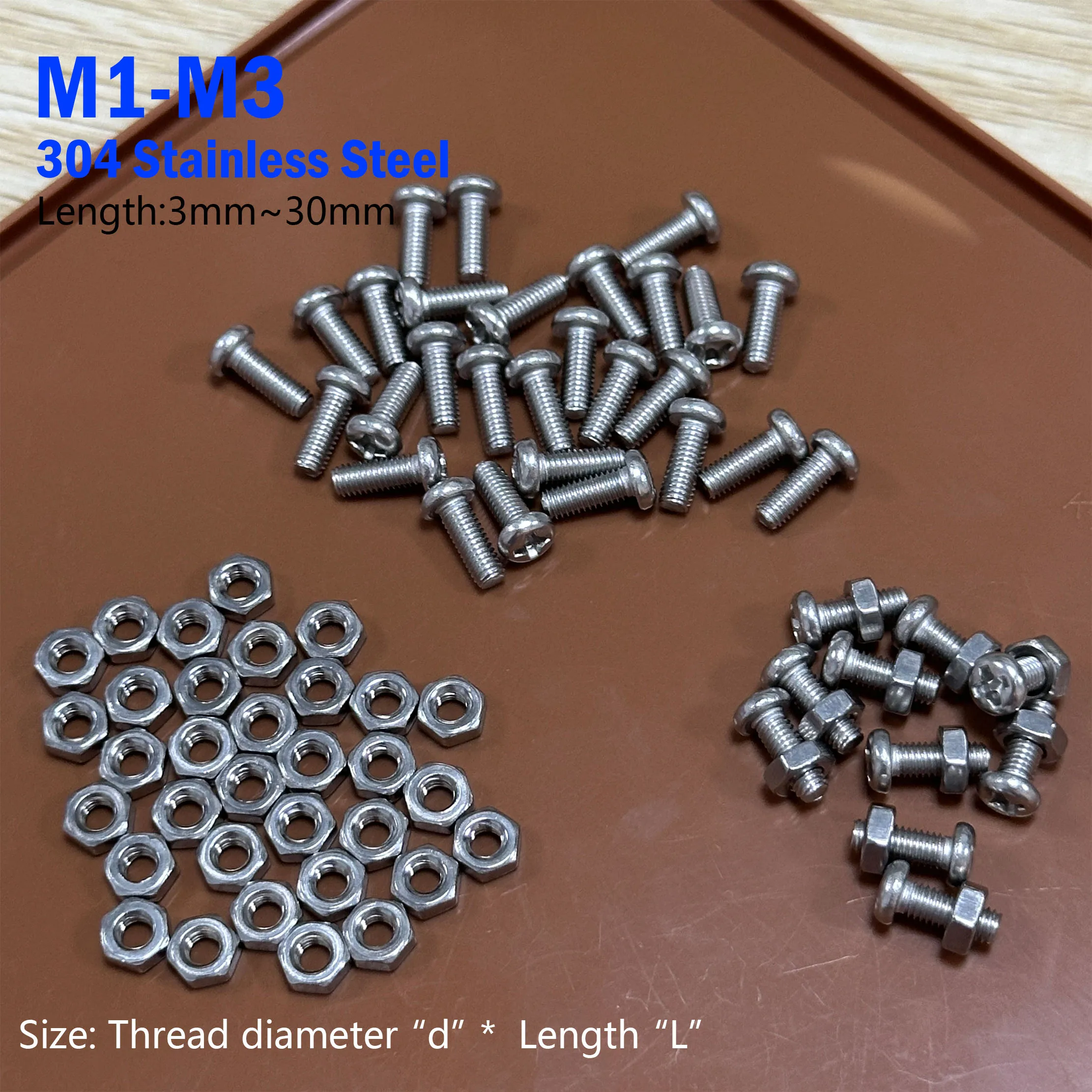 50sets Cross Pan Round Head Machine Screw M1 M1.2 M1.4 M1.6 M2 M2.5 M3 A2-70 304 Stainless Steel Screw and Nuts Set