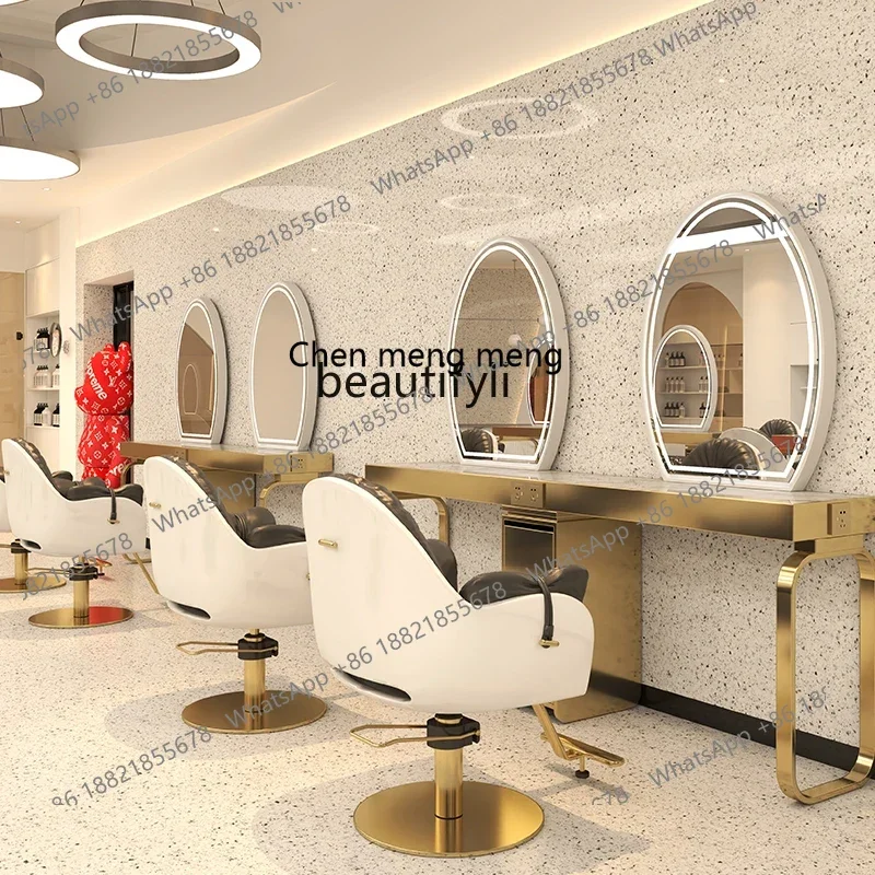 cc182l New Barber Shop Dressing Table Stainless Steel Single Double-Sided Floor for Hair Salon Mirror with Light